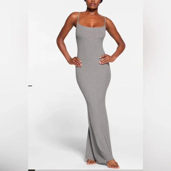 ribbed modal maxi dress in grey Patricia Cotton Ruffle Slit Ribbed Lace Maxi Dress In Vintage Grey – K. A.  Classics main image 0